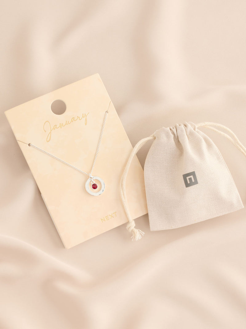 Silver-tone birthstone disc drop necklace (British brand)