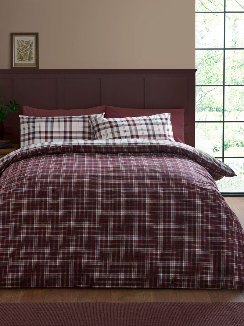 Catherine Lansfield Plum Kelso Check duvet cover and pillowcase set - British product