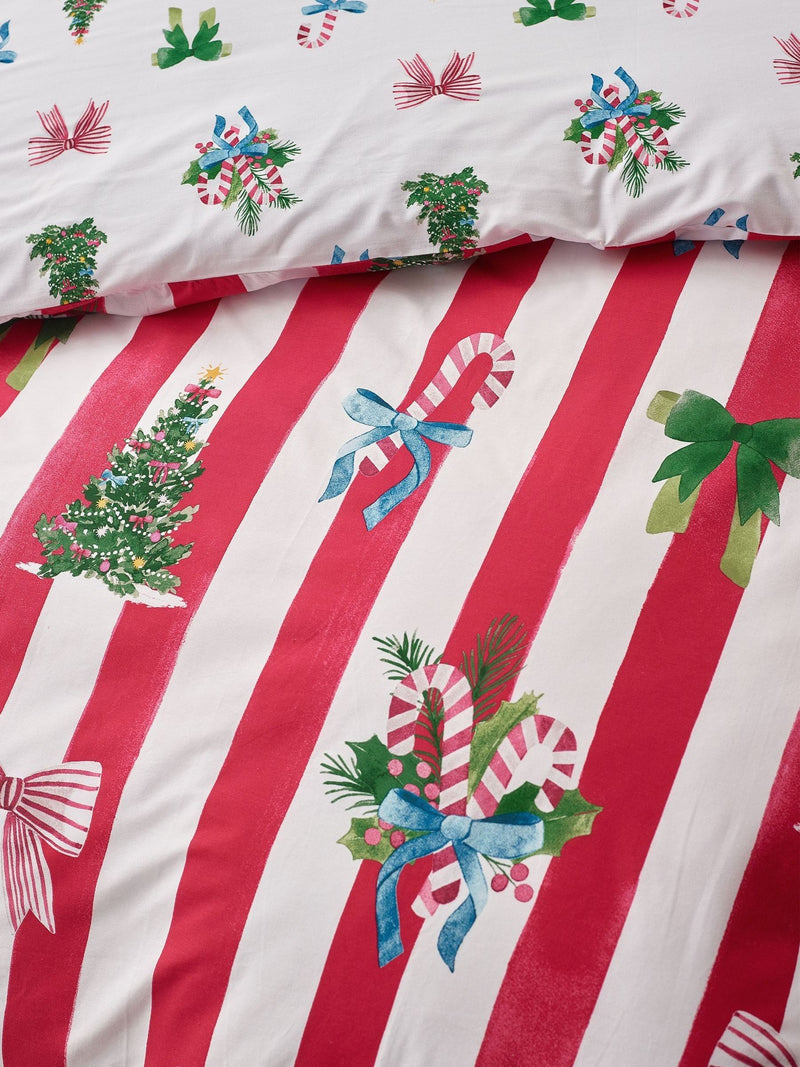 Catherine Lansfield Red Christmas Stripe Reversible Duvet Cover Set - British product