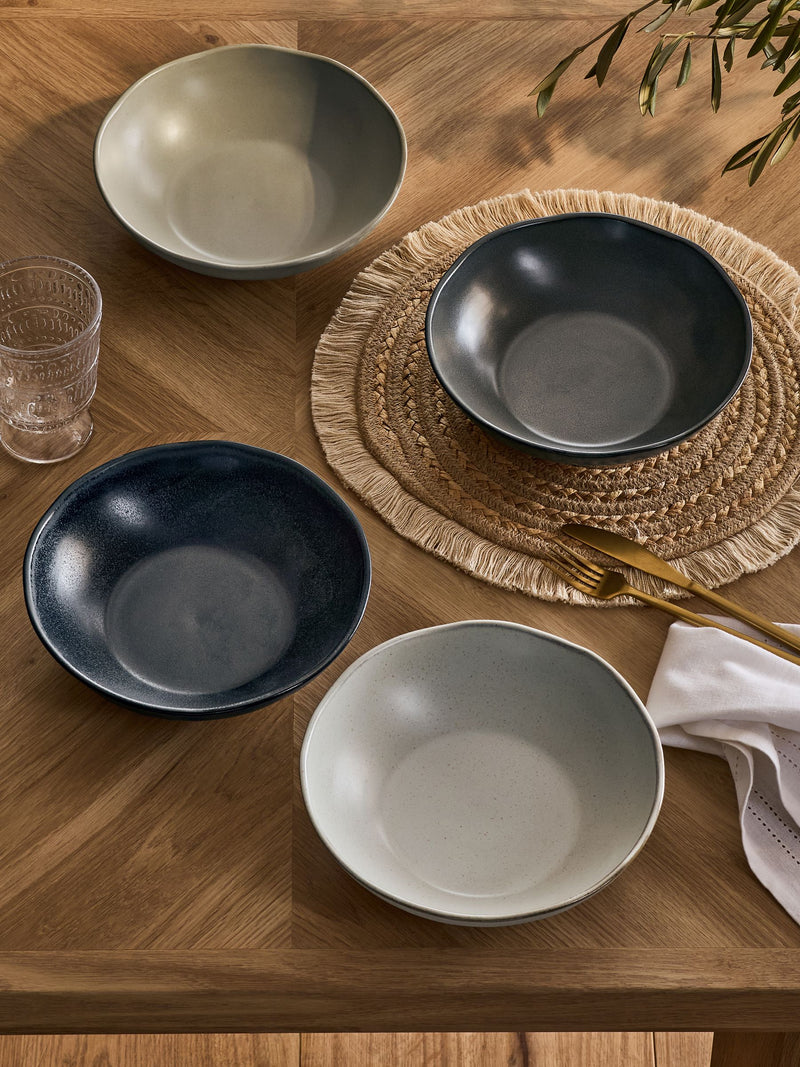 Four grey Scandi stoneware pasta bowls with reactive glaze (British brand)