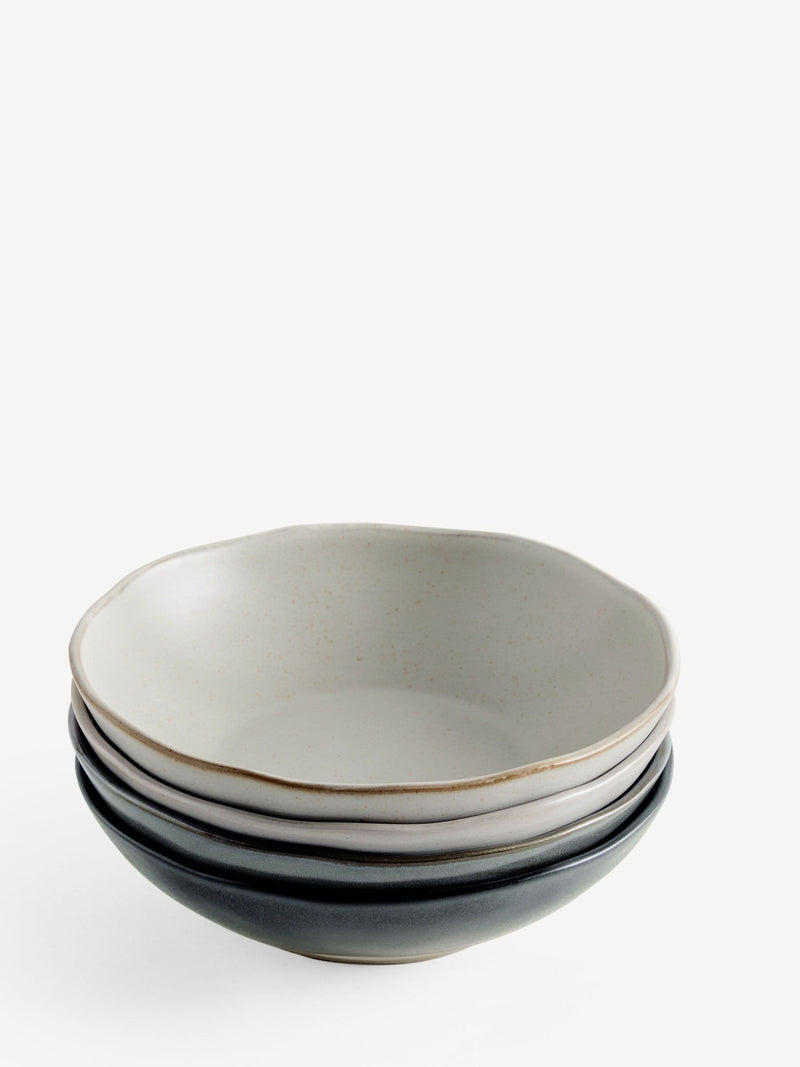 Four grey Scandi stoneware pasta bowls with reactive glaze (British brand)