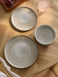 12-piece stoneware dinner set with reactive glaze global pattern, UK version