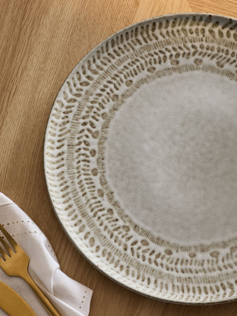 12-piece stoneware dinner set with reactive glaze global pattern, UK version