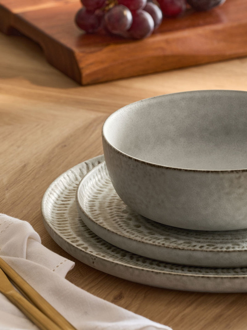 12-piece stoneware dinner set with reactive glaze global pattern, UK version