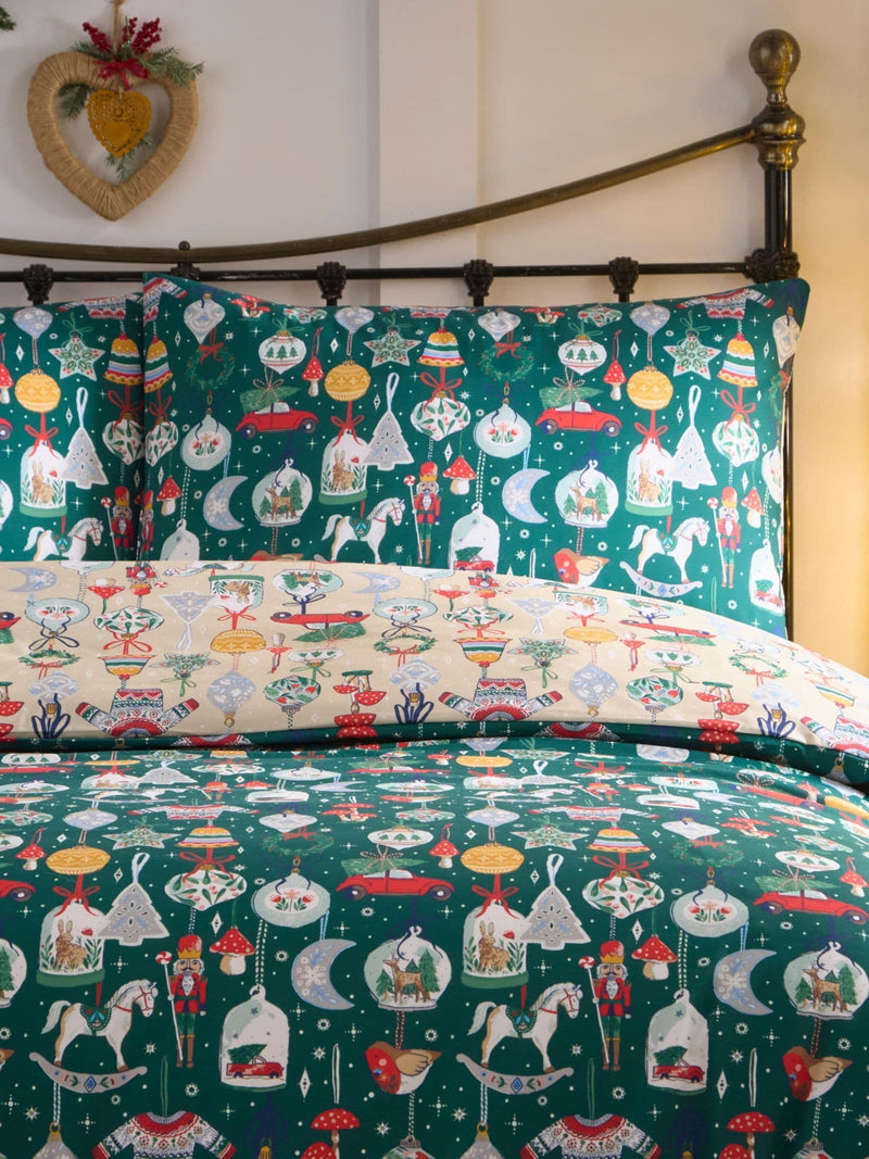Green ornaments Christmas reversible duvet cover set - British product
