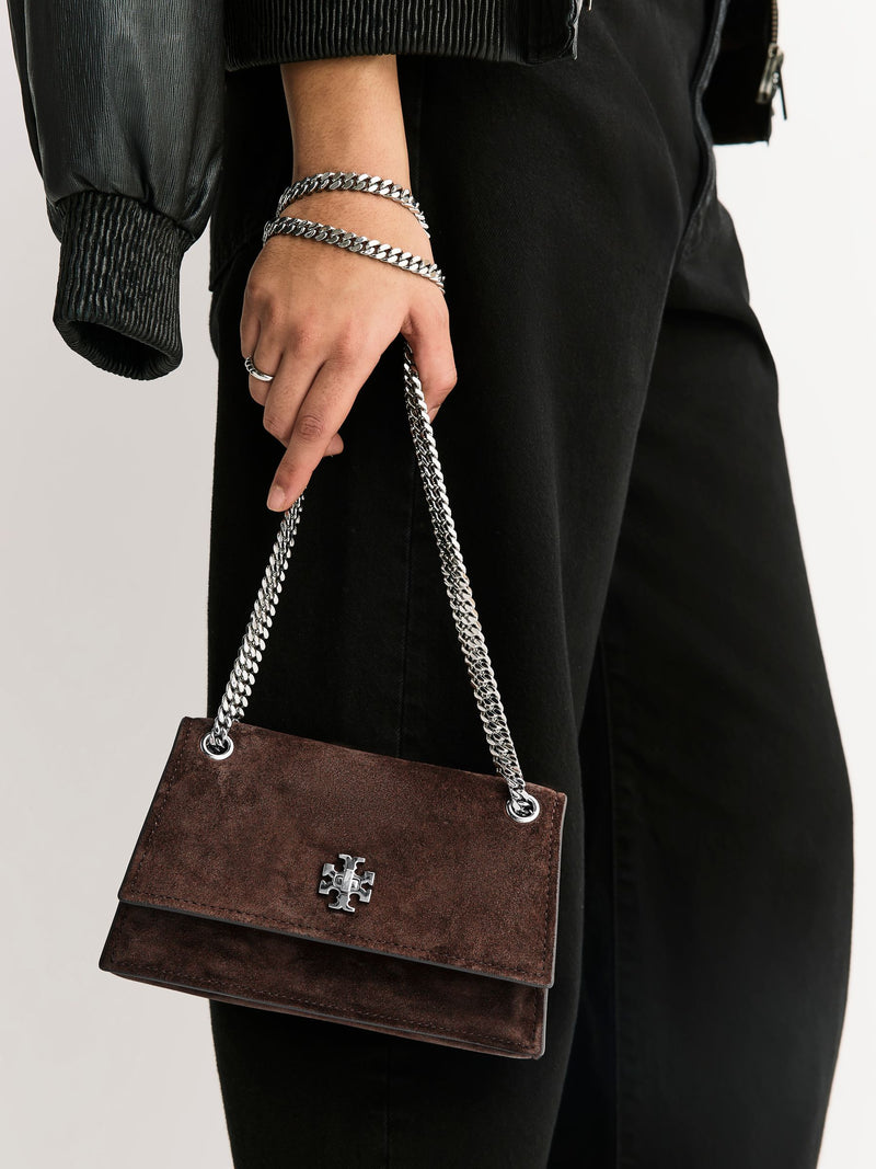 Tory Burch Kira Chevron small suede shoulder bag in dark cocoa, UK version