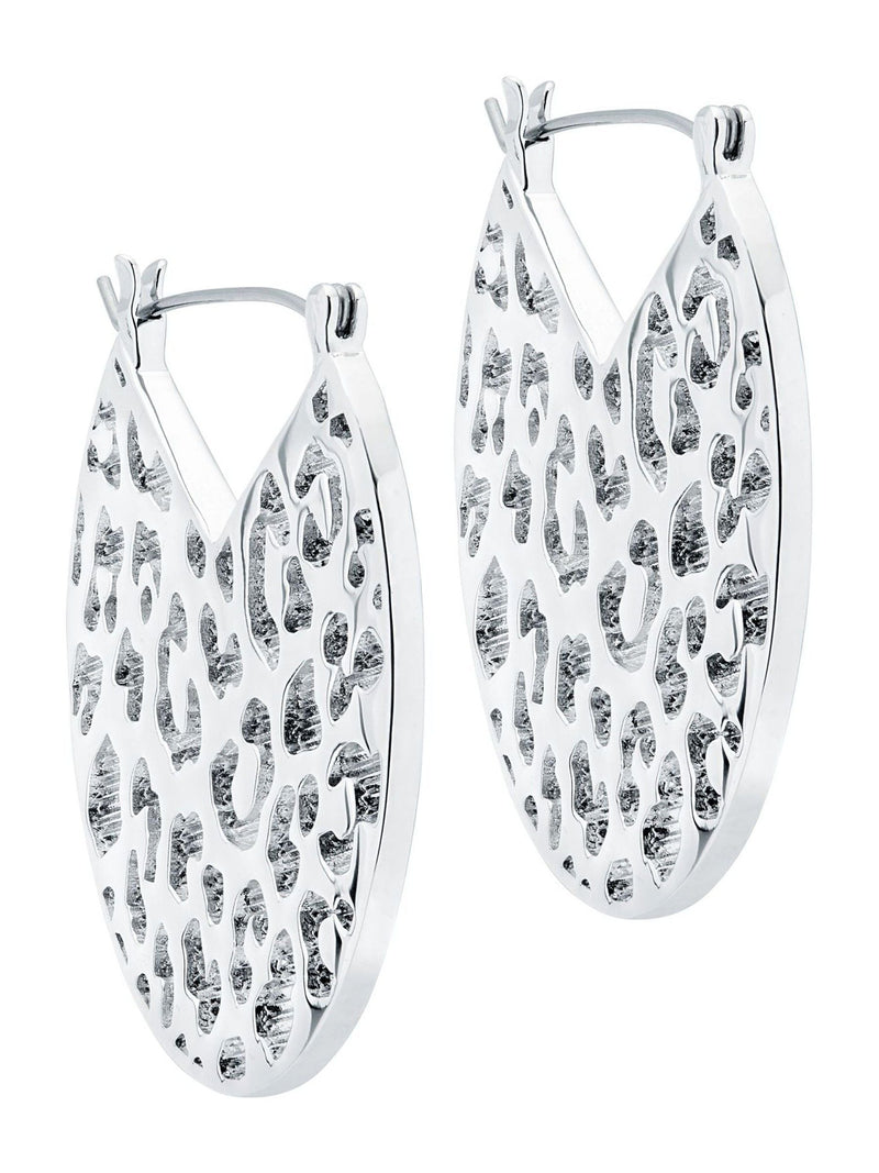 Karen Millen silver tone leopard print disc earrings, imported from the UK