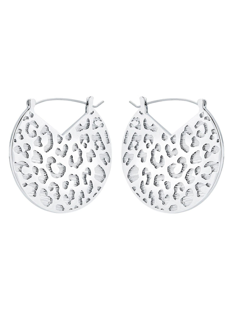 Karen Millen silver tone leopard print disc earrings, imported from the UK