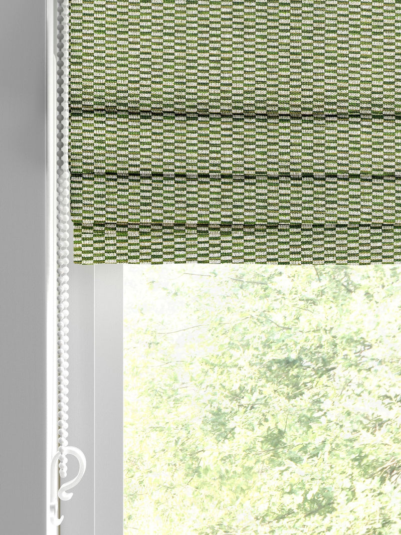 Abaci green geometric jacquard roman blind, imported from the UK