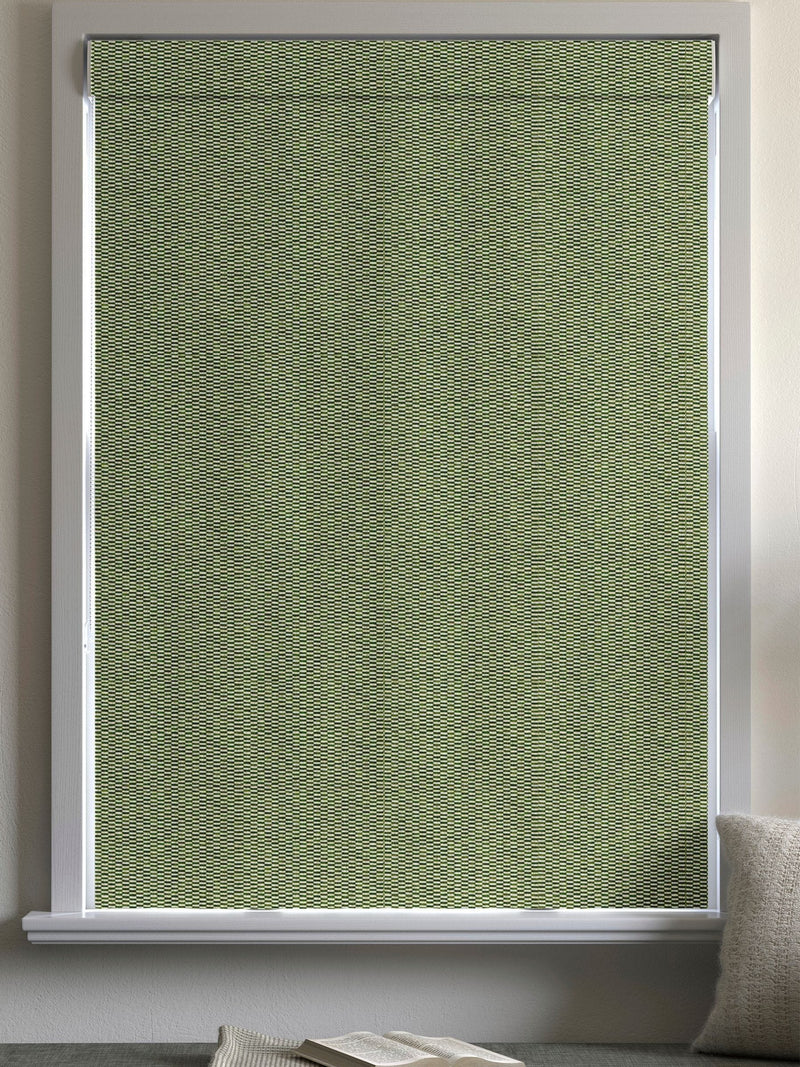 Abaci green geometric jacquard roman blind, imported from the UK