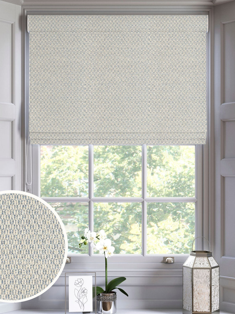 Blue Small Geo roman blind with geometric pattern, imported from the UK