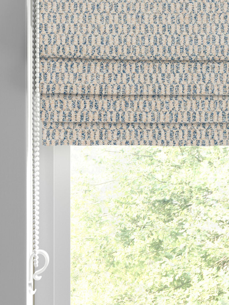 Blue Small Geo roman blind with geometric pattern, imported from the UK