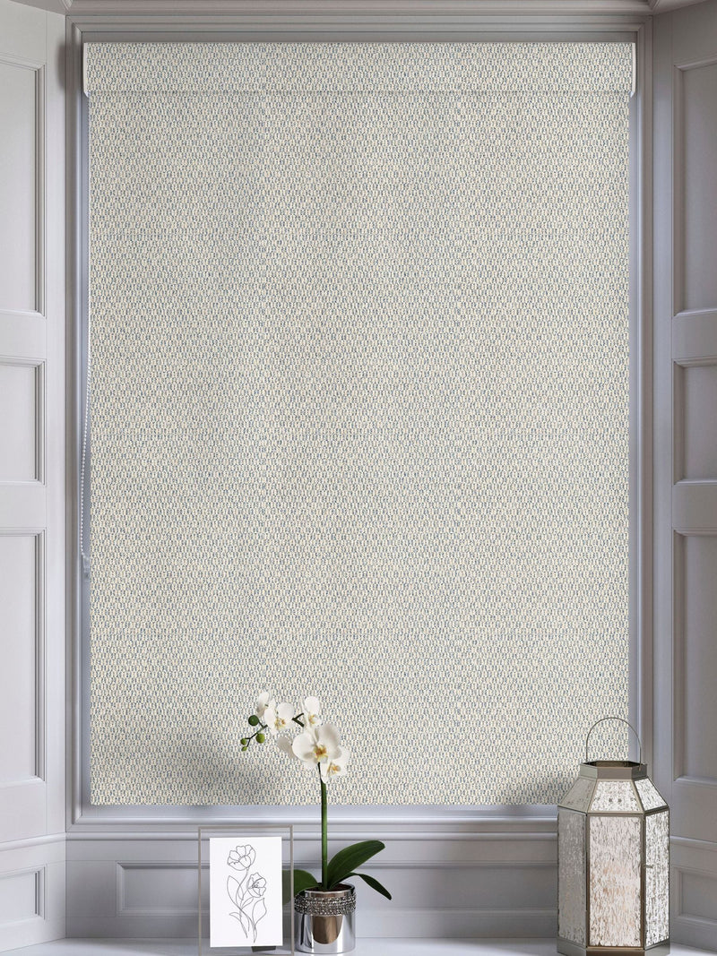 Blue Small Geo roman blind with geometric pattern, imported from the UK