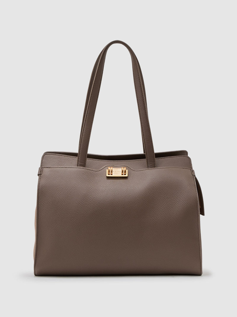 Reiss taupe grained leather tote bag, imported from the UK
