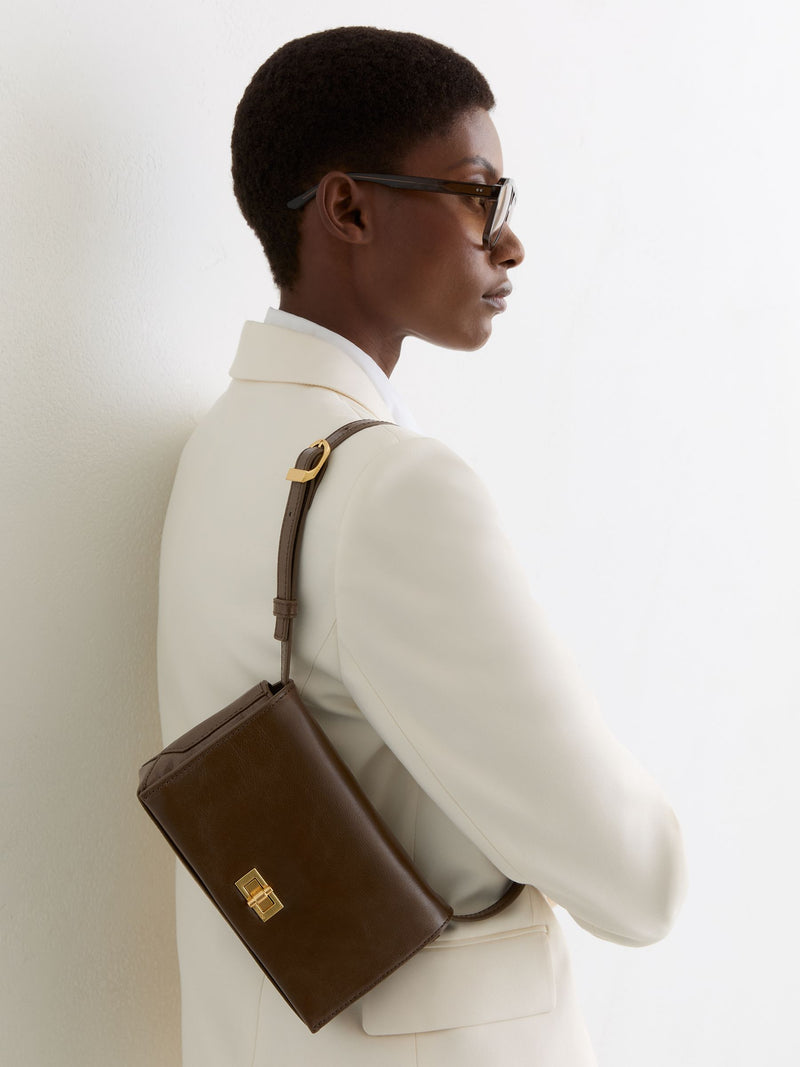 Reiss Aletta taupe leather twist-lock shoulder bag - British product