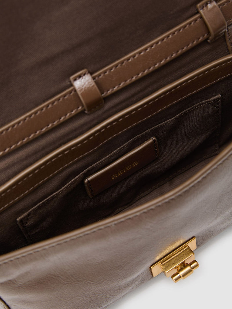 Reiss Aletta taupe leather twist-lock shoulder bag - British product