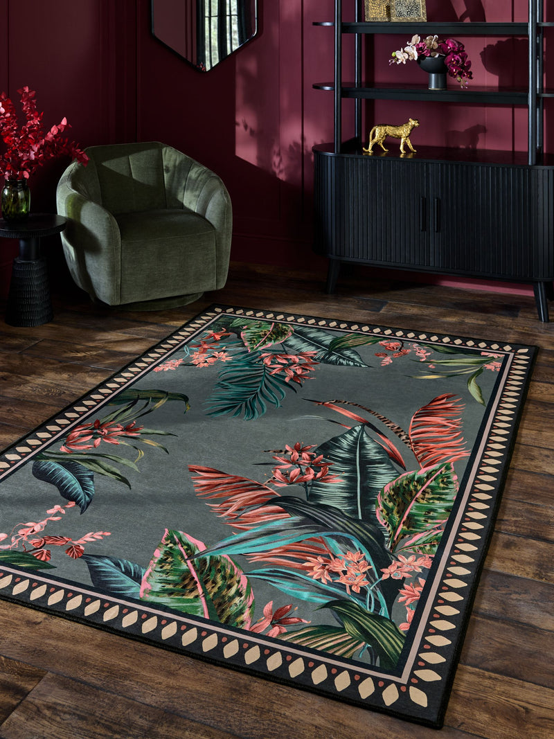 Grey washable tropical border rug, imported from the UK