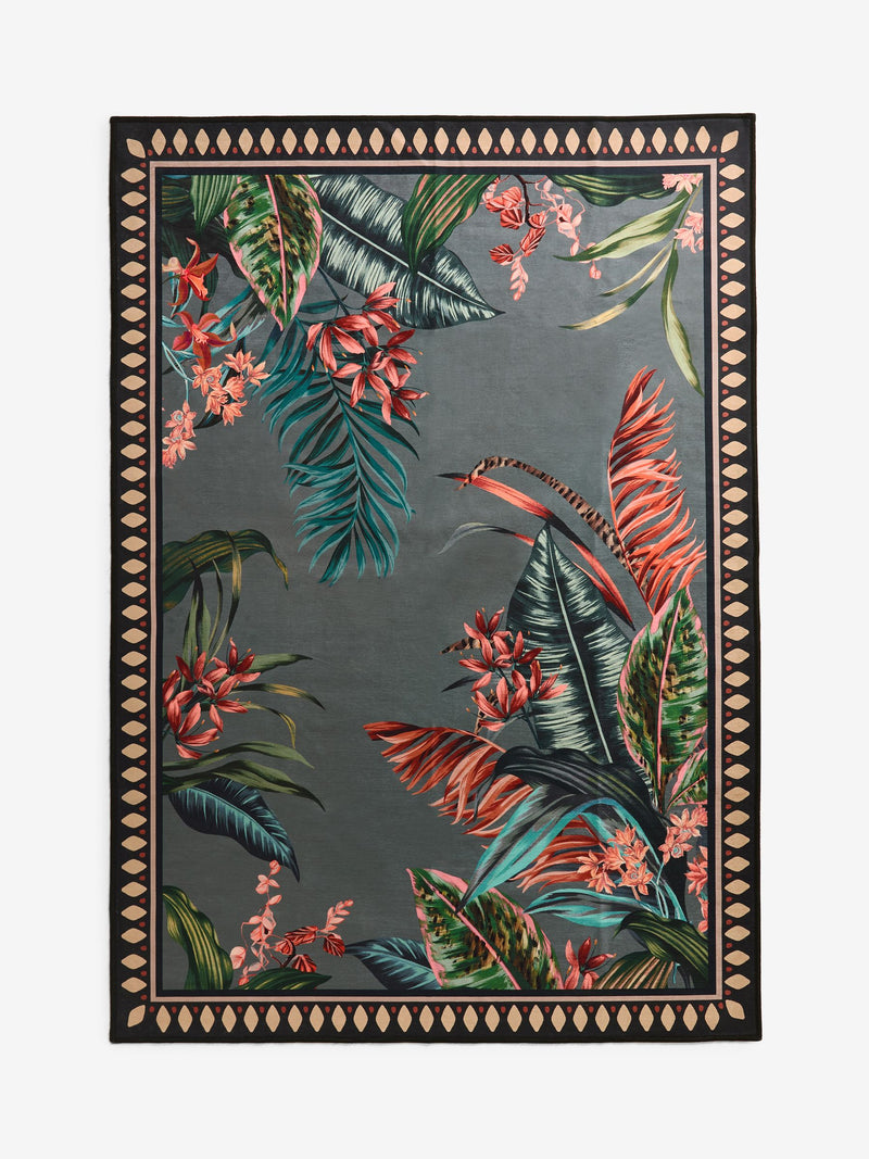 Grey washable tropical border rug, imported from the UK