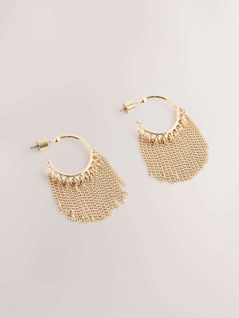 Gold tone tassel chain hoop earrings, UK version
