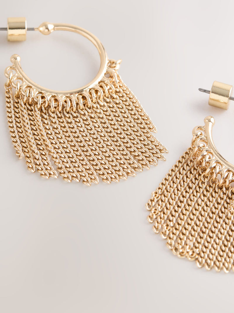 Gold tone tassel chain hoop earrings, UK version
