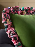 Velvet cushion with maximalist floral ruffle trim 50x50cm (British brand)