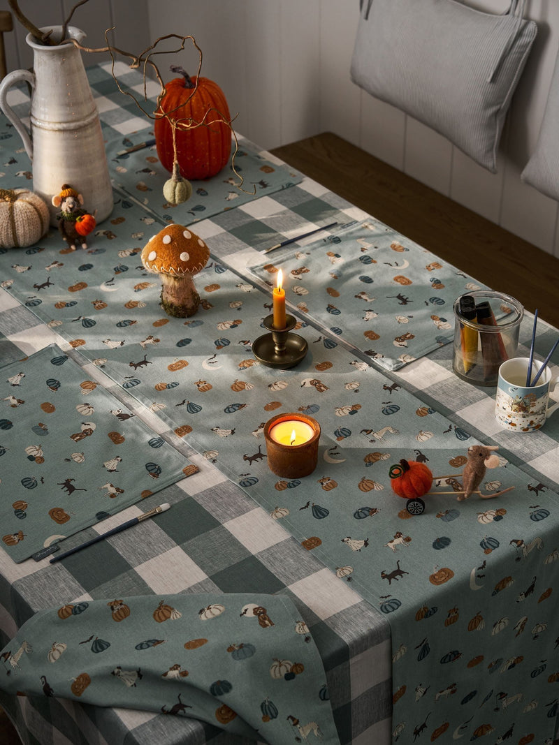 Sophie Allport Soft Teal Paws & Pumpkins table runner 280cm x 35cm (British brand)