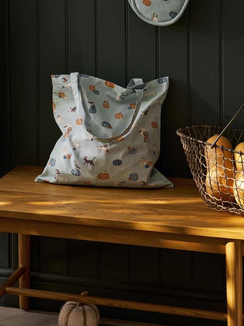 Sophie Allport folding shopping bag with soft teal Paws and Pumpkins design - British product