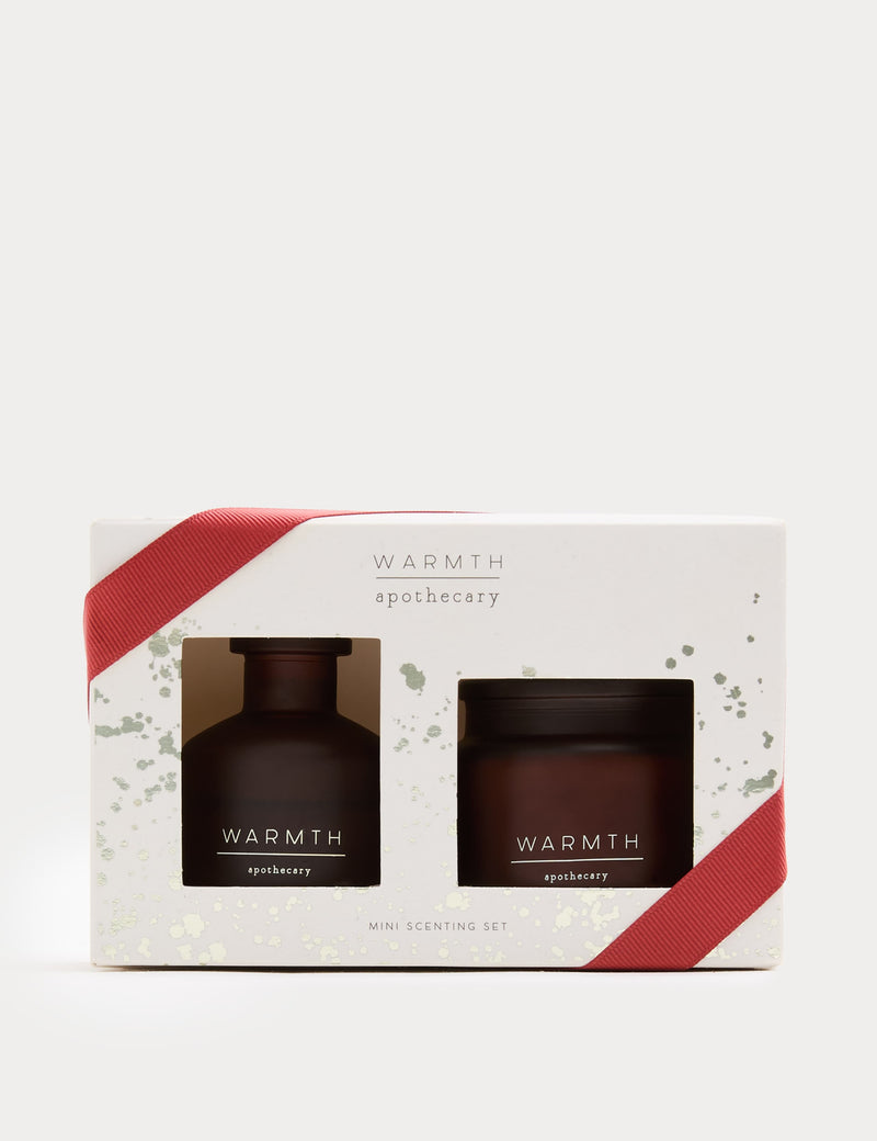 Warmth Mini Scenting Set candle and reed diffuser set with woody fragrance (British brand)