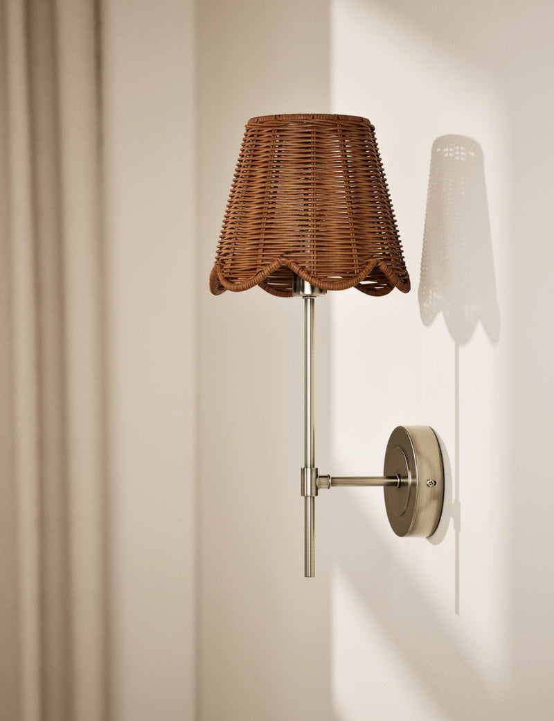 Wicker scalloped wall light with antique brass finish, UK version