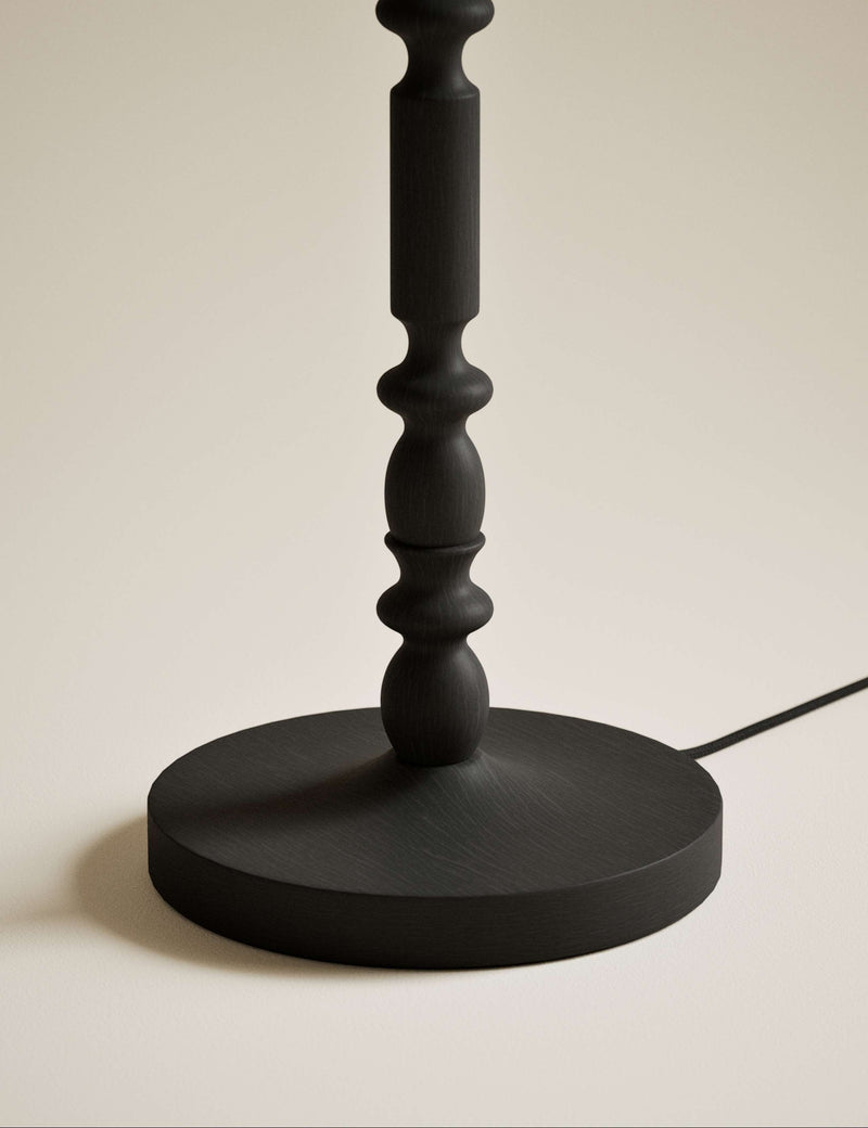 Bobbin floor lamp with wooden detailing and cylinder shade, imported from the UK