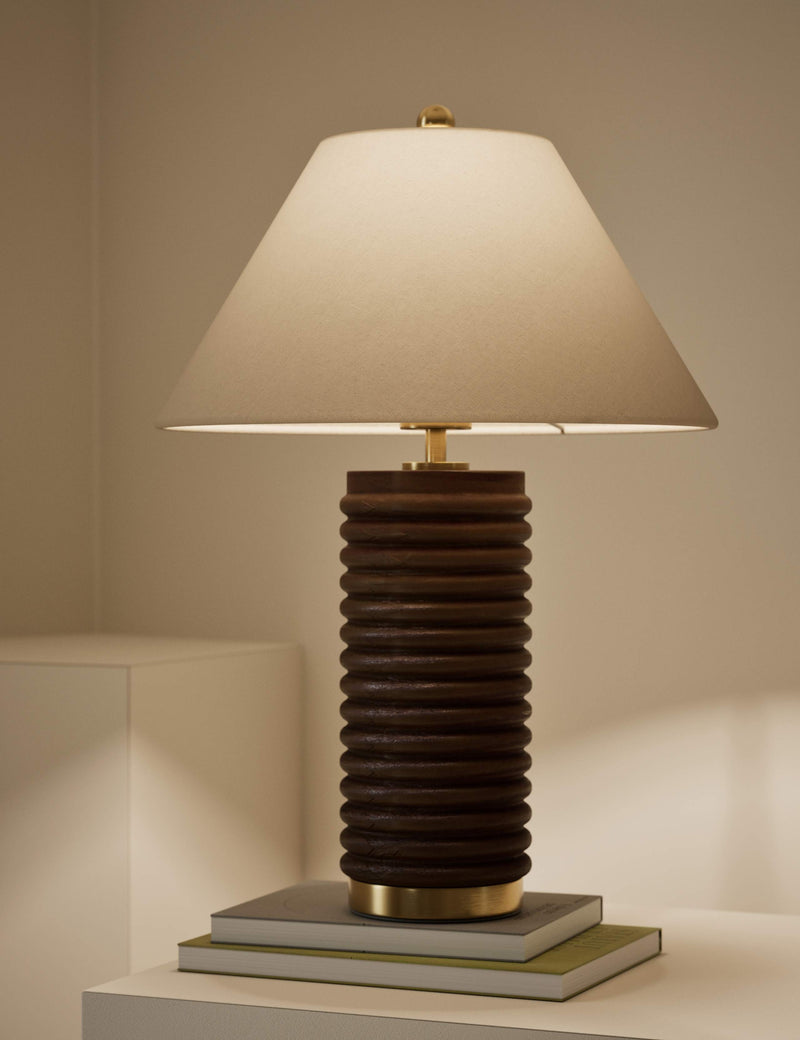 Wooden ribbed table lamp with linen shade and brass accents - British product