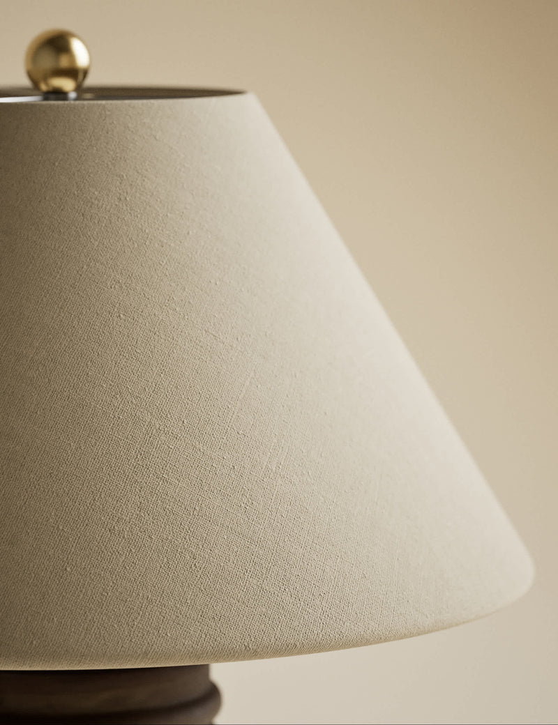 Wooden ribbed table lamp with linen shade and brass accents - British product
