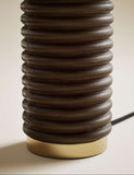 Wooden ribbed table lamp with linen shade and brass accents - British product