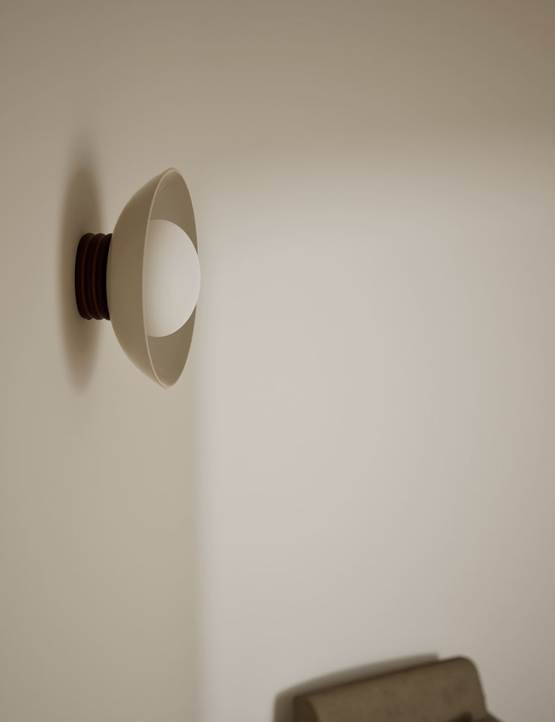 Wooden ribbed wall light with glass shade, imported from the UK