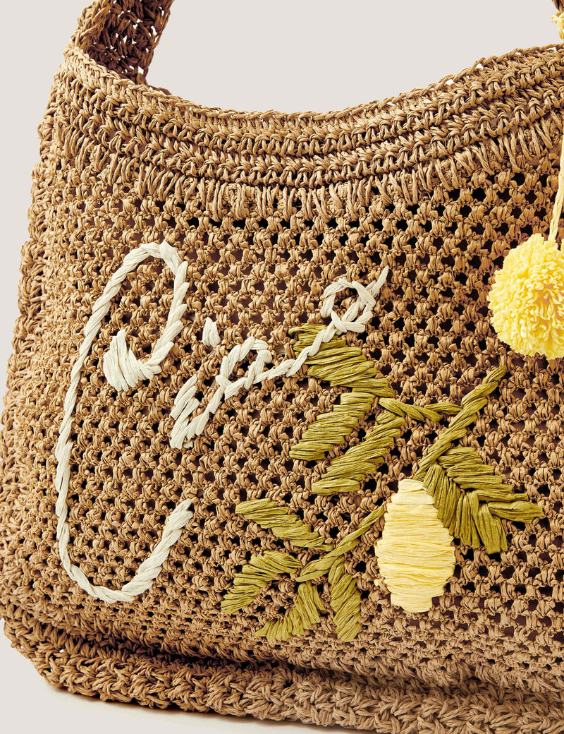 Monsoon woven embroidered shoulder bag with pom pom charm - British product