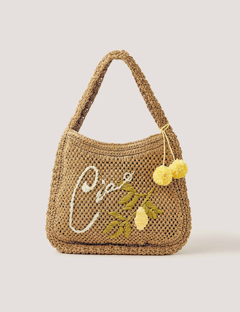 Monsoon woven embroidered shoulder bag with pom pom charm - British product