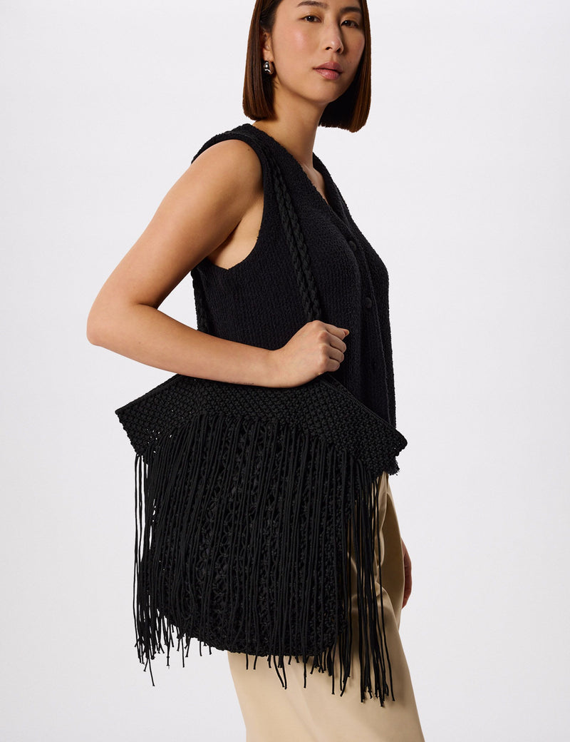 Whistles woven fringed tote bag, imported from the UK