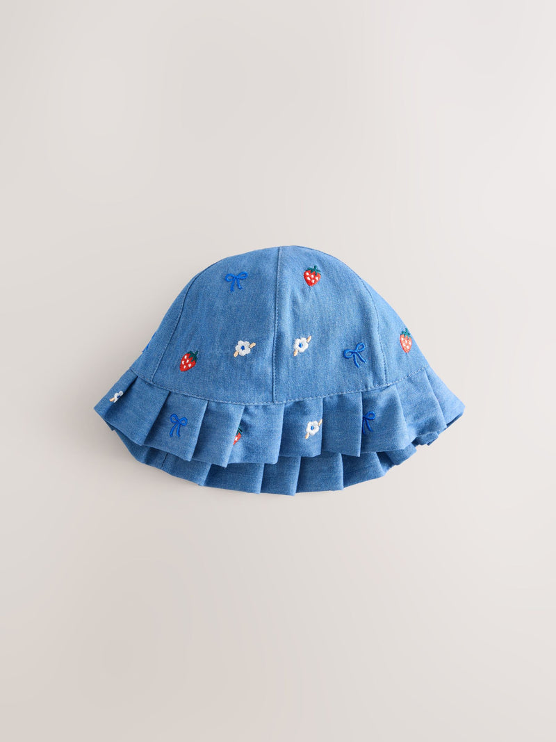 Embroidered strawberry baby bucket hats 2 pack denim and gingham (British brand)