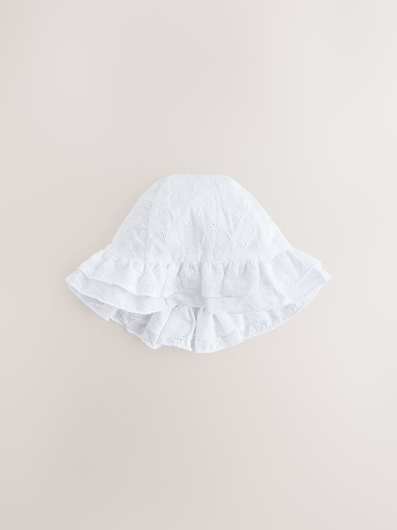 White broderie bucket baby hat, imported from the UK