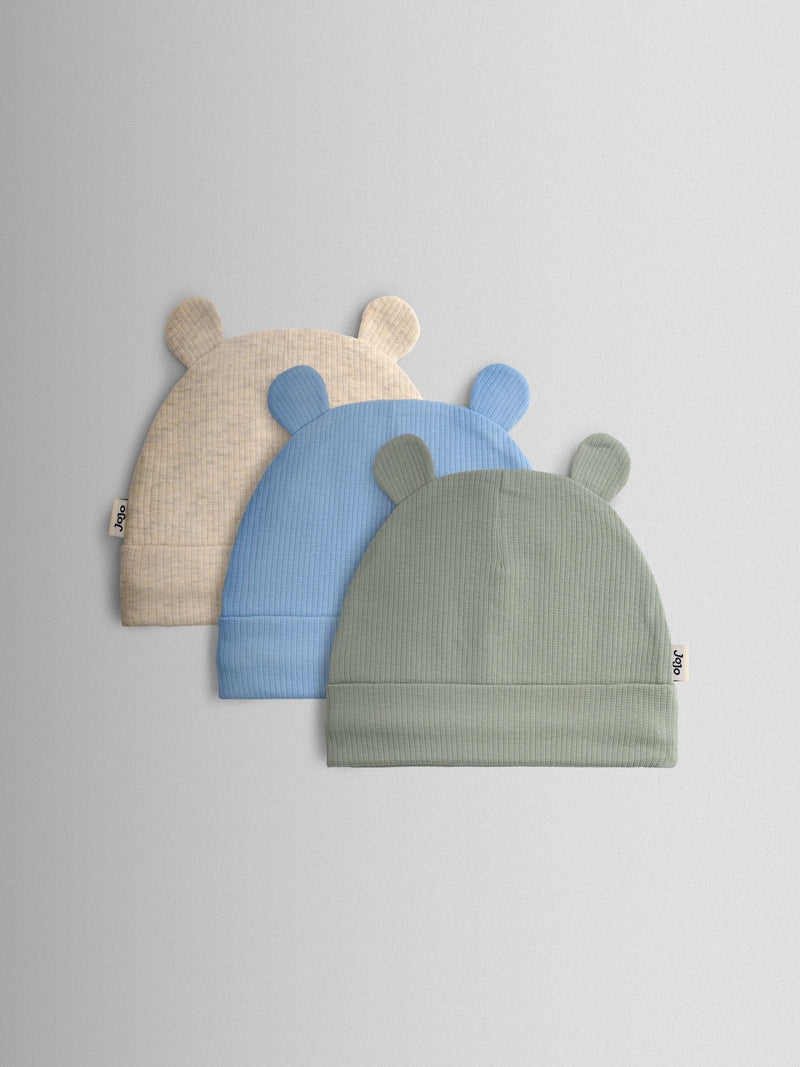 JoJo Maman Bébé bear hat 3-pack in sage, blue, beige, UK version