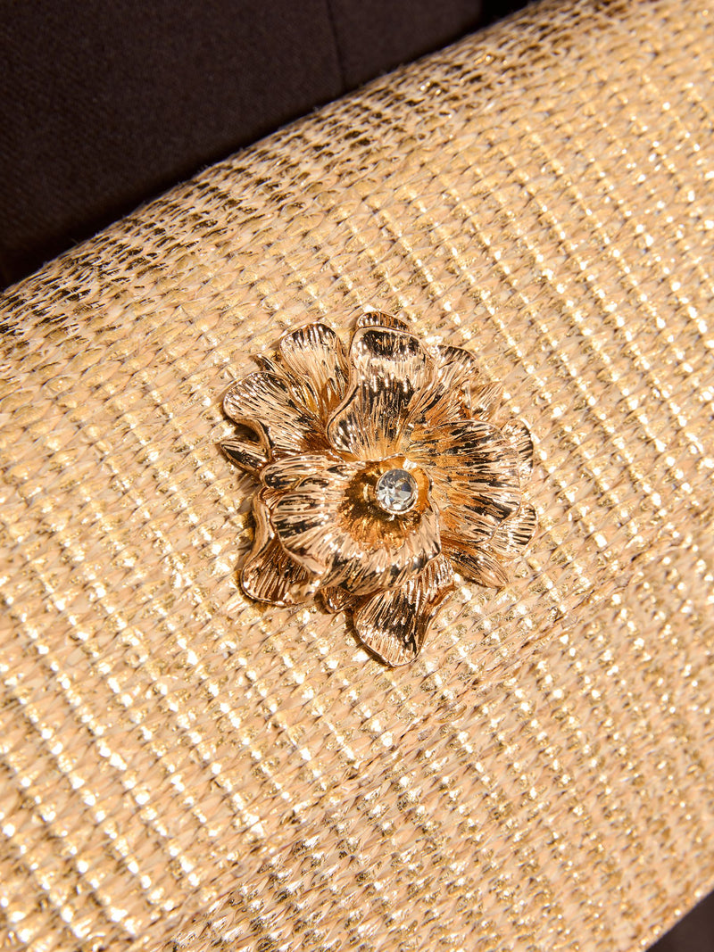 Lipsy gold raffia shoulder bag with floral hardware - British product