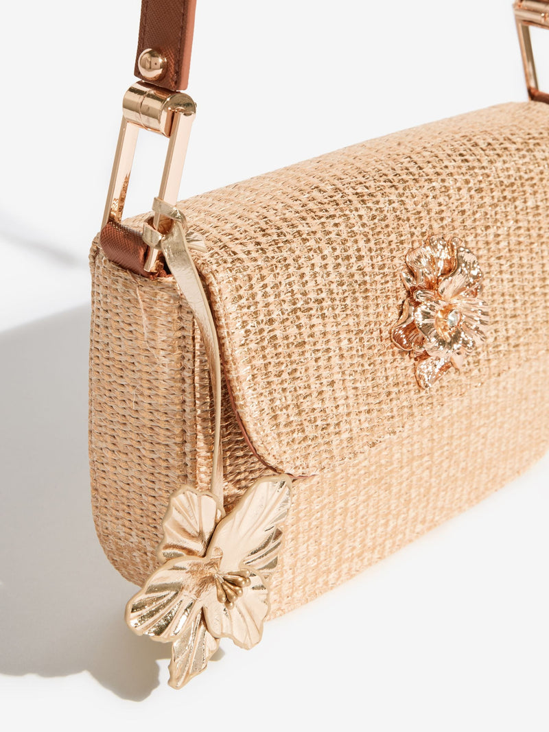 Lipsy gold raffia shoulder bag with floral hardware - British product