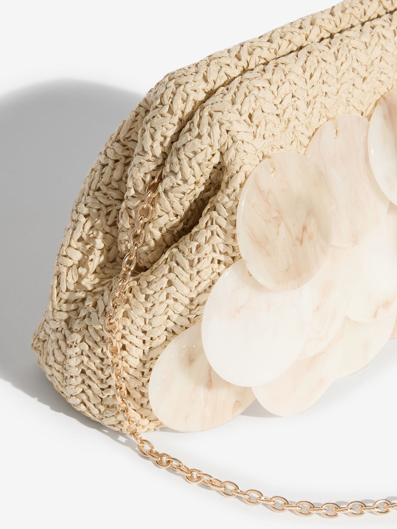 Friends Like These faux shell acrylic disc raffia clutch bag - UK version