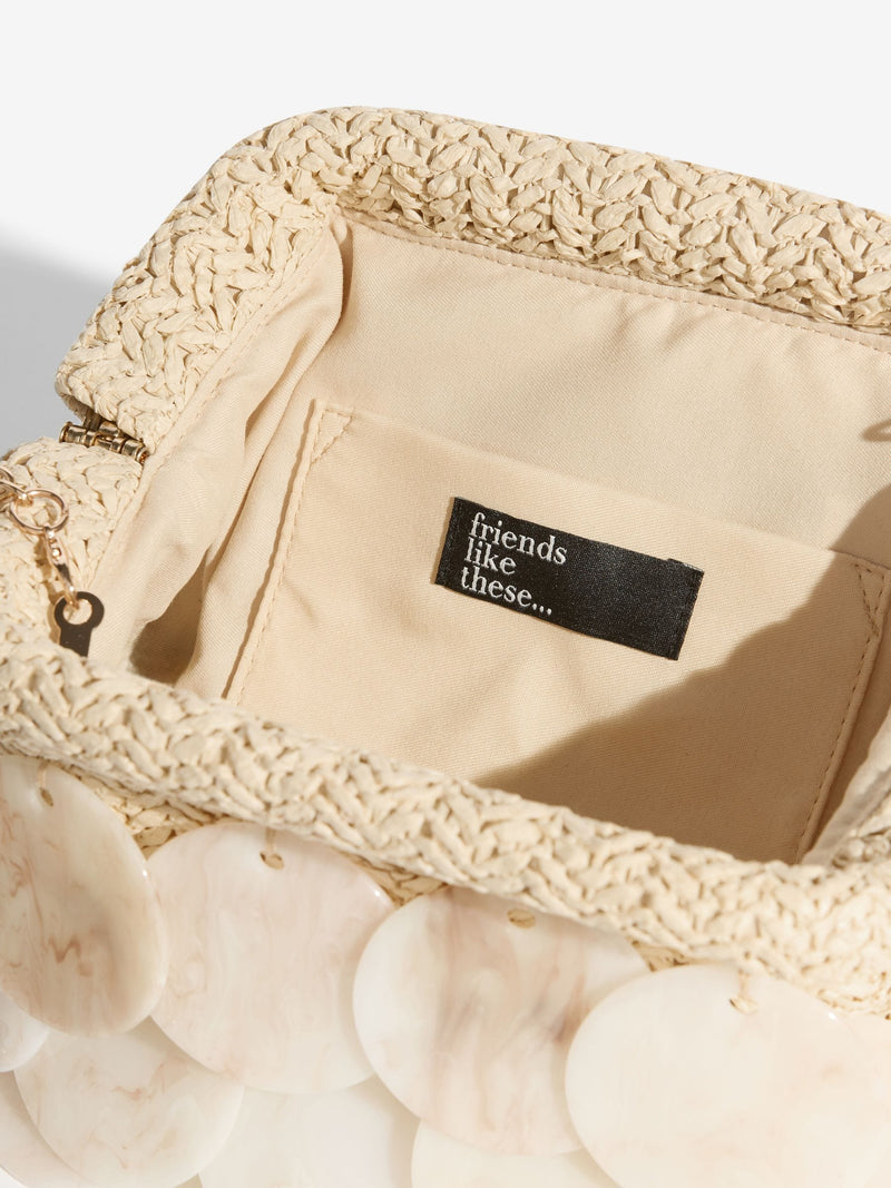 Friends Like These faux shell acrylic disc raffia clutch bag - UK version