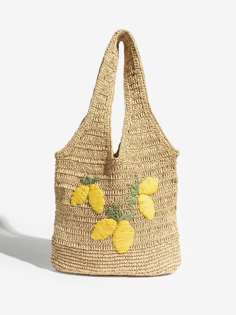 Love & Roses natural lemon embroidered raffia tote bag (British brand)
