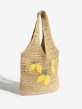 Love & Roses natural lemon embroidered raffia tote bag (British brand)