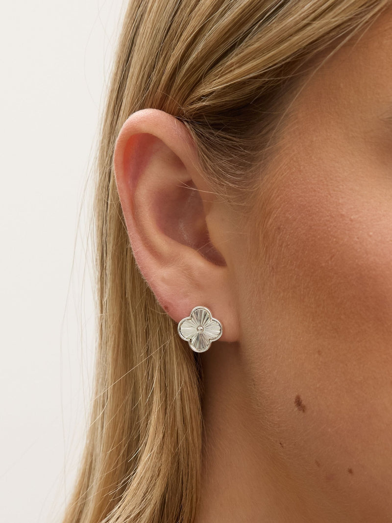 Jon Richard Silver Tone Diamond Cut Clover Earrings 12mm, UK version