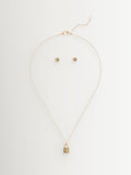 Pavé Padlock Necklace and Tea Rose Stud Earrings Jewelry Set in Gold Tone