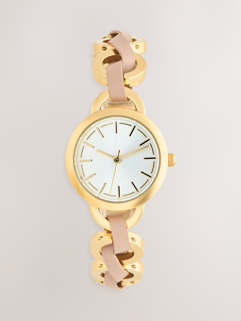Gold-tone watch with taupe weave PU strap - UK version