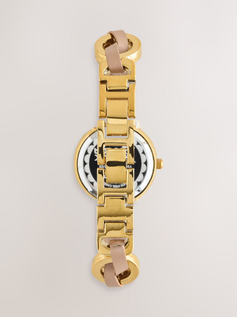 Gold-tone watch with taupe weave PU strap - UK version